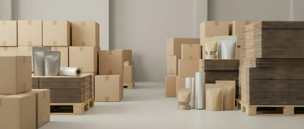 Kartonnen dozen en inpakmateriaal in het magazijn